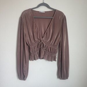 Zara Metallic Bubble Sleeve Pleated Top